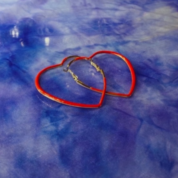 Heart Hoops x2 Red/Pink; Gold accents Women’s Maximalist Statement Earrings - Picture 3 of 3